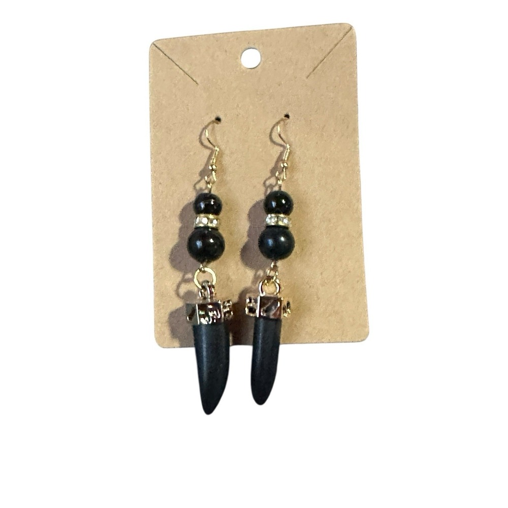 Black Tusk Dangle Earrings Gold Tone Rhinestone Boho Tribal Drop Earrings‎ New